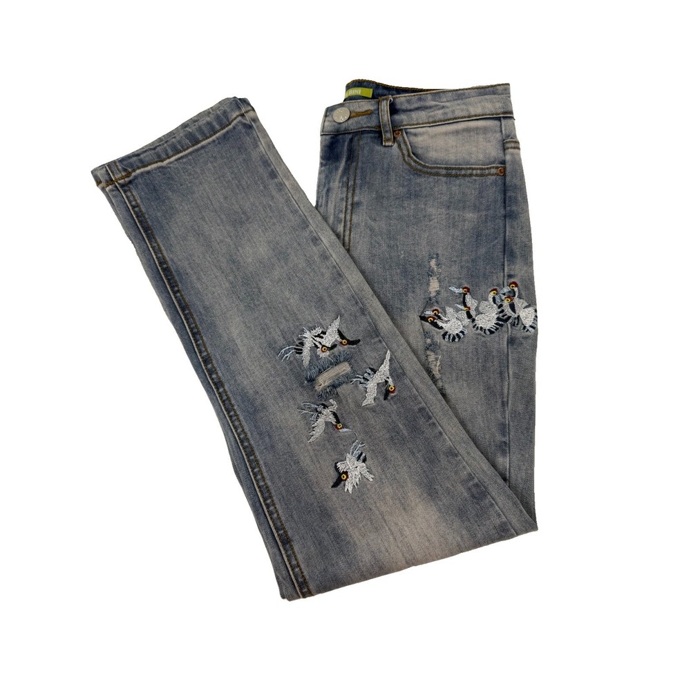 Gianni Bini Women's Embroidered Bird Distressed Light Wash Straight Leg Jeans XS